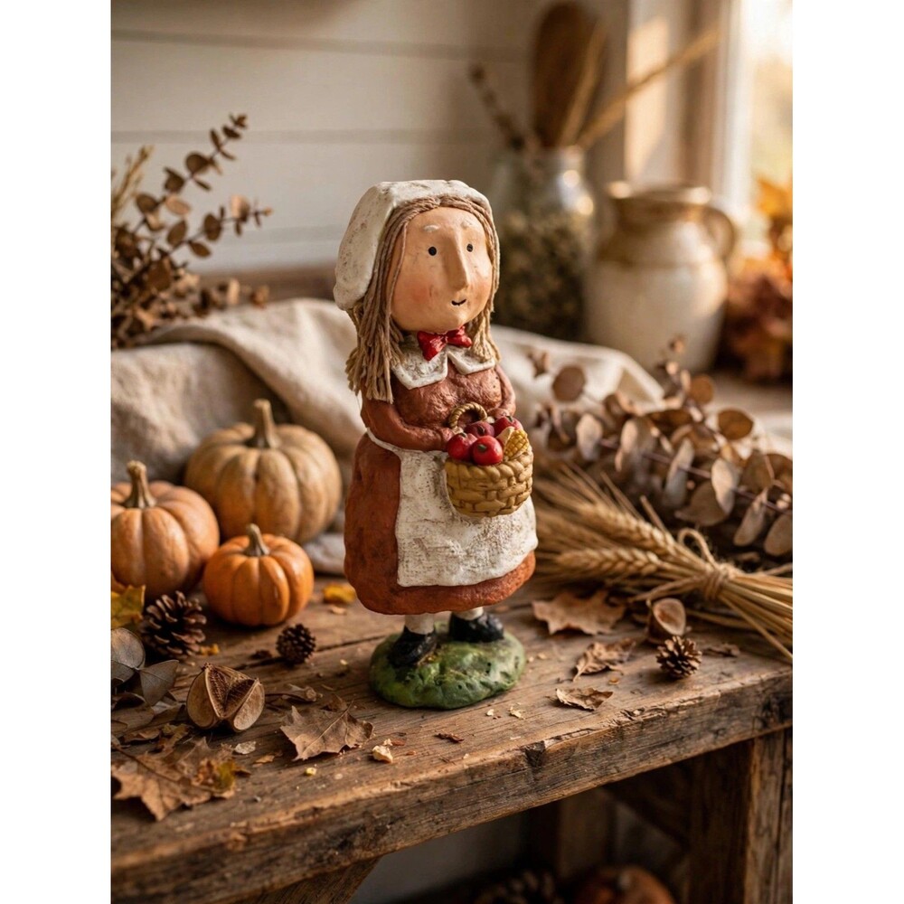 Painted Resin Girl Figurine with Basket of Apples Multicolor Decorative
